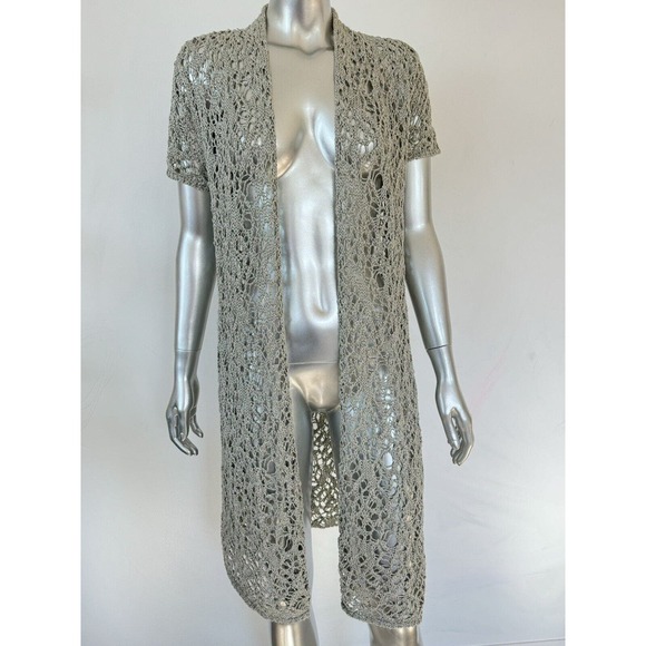 Eileen Fisher Knit Duster Cardigan Sz Small Sage Green Luster Long Open Crochet - Picture 7 of 7
